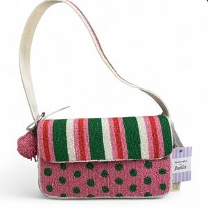 Made in India Pink and Green Polka Dot and Striped Beaded bag